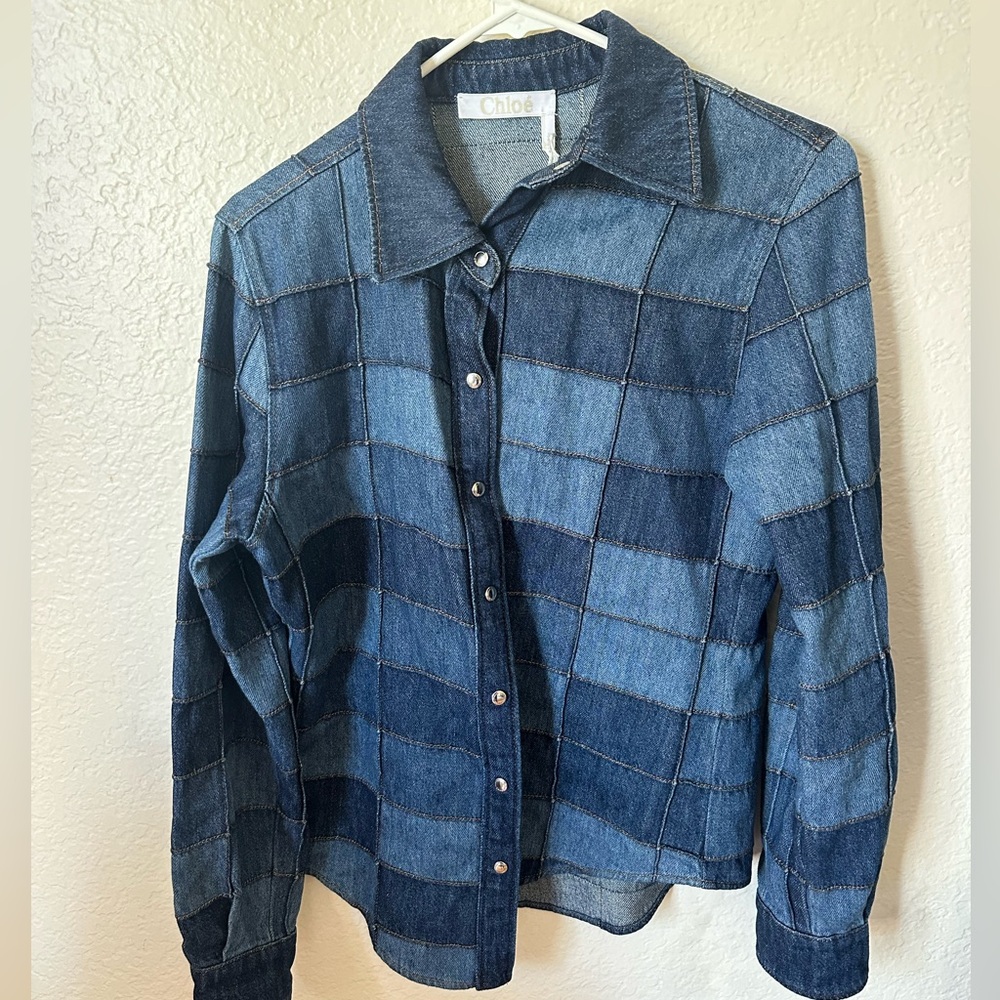 Chloé Patchwork Long Sleeve Denim Shirt in Multicolor square